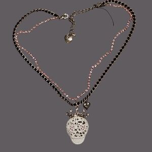 ☠️Sugar Skull Necklace/Pendant White w/Pink Rhinestone Accents Betsey - NWOT